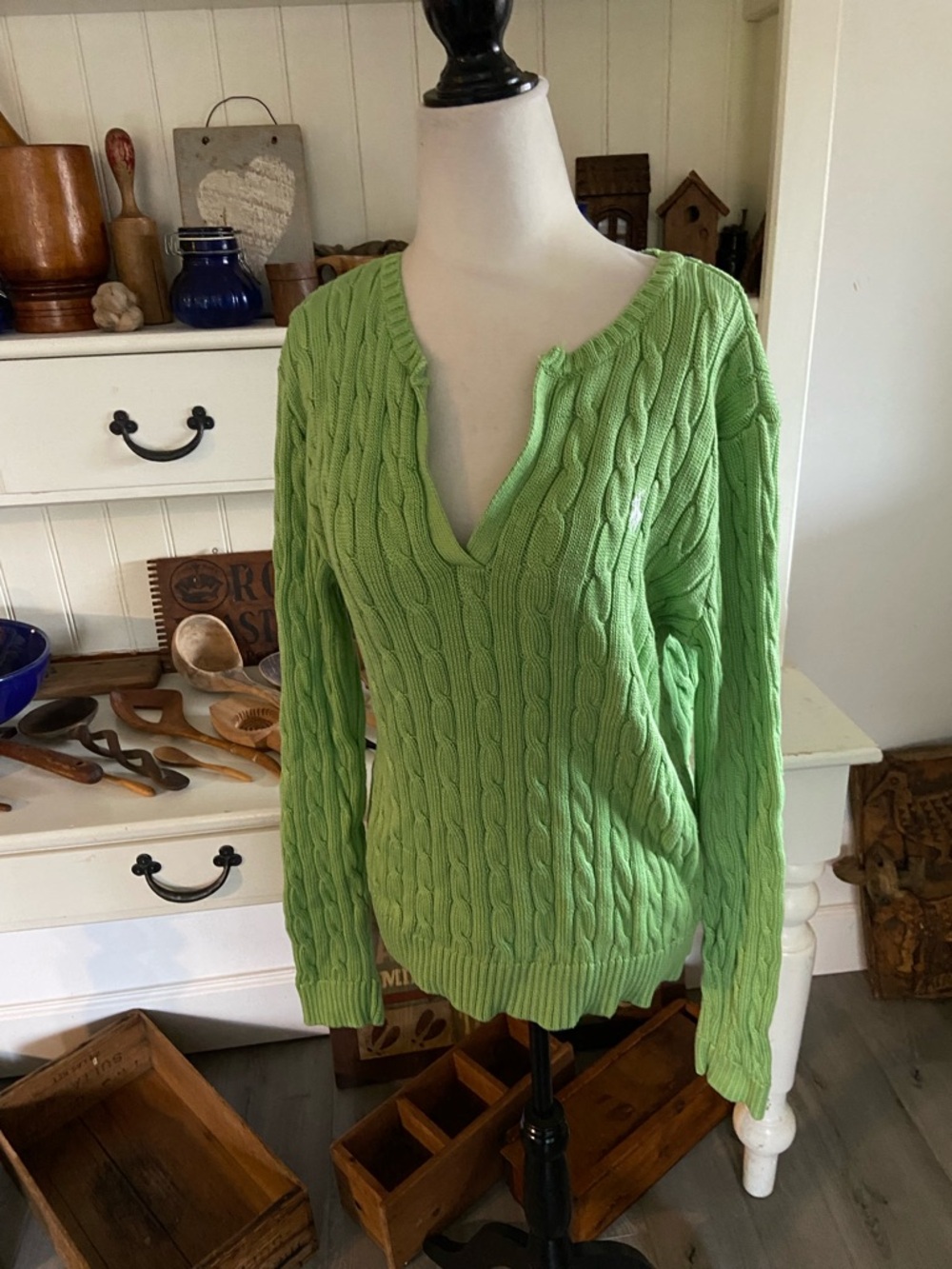 Ralph Lauren Light Green Cable-Knit V-Neck Sweater